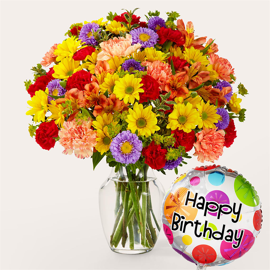 Kaleidoscope Bouquet with Birthday Balloon – BAYSORE'S FLOWER SHOP LLC, Mason OH