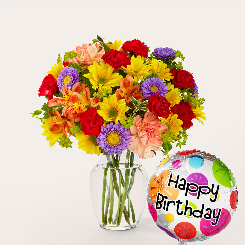 Kaleidoscope Bouquet with Birthday Balloon – BAYSORE'S FLOWER SHOP LLC, Mason OH
