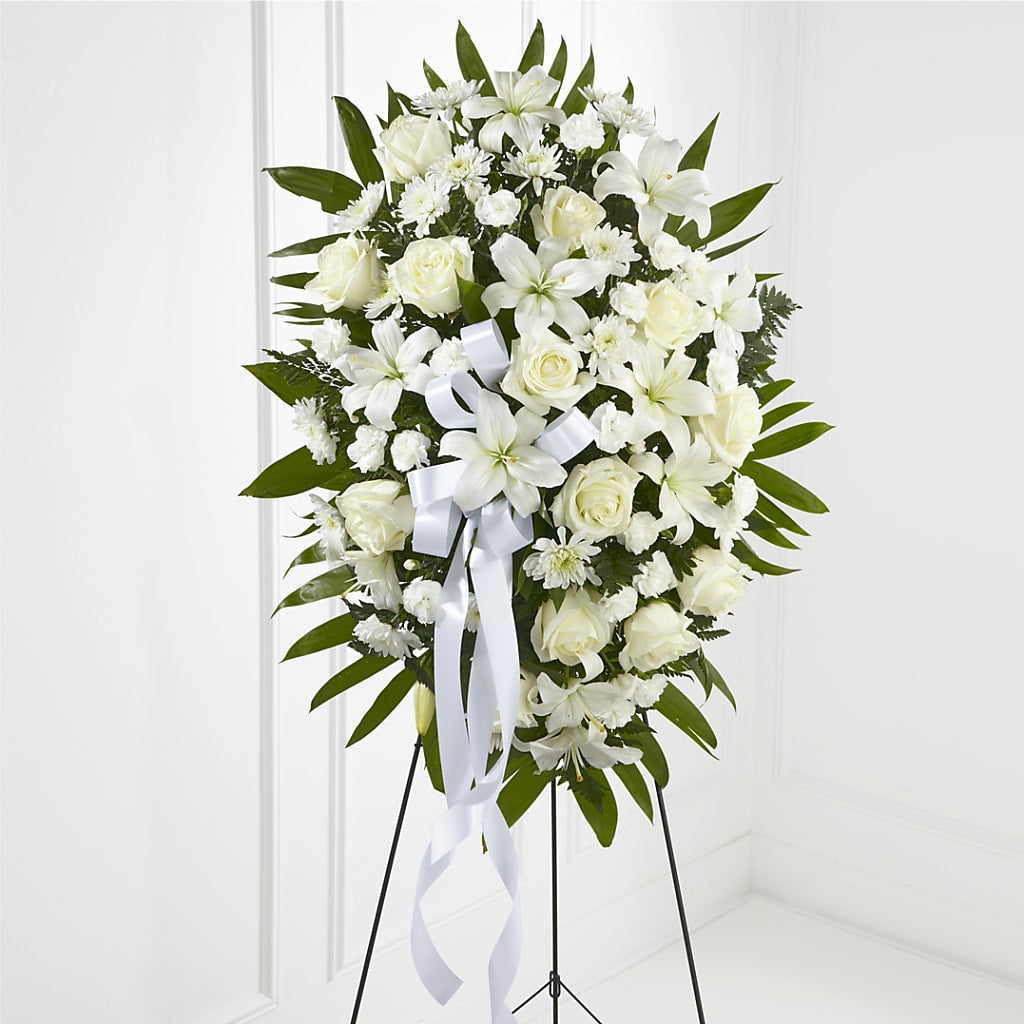 Exquisite Tribute Standing Spray-White Ribbon – BAYSORE'S FLOWER SHOP LLC, Mason OH