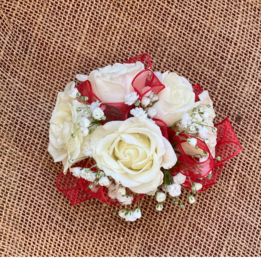 Sweetheart Rose Corsage – hot pink, lavender, orange, pale pink Sweetheart Rose Corsage – hot pink, lavender, orange, pale pink